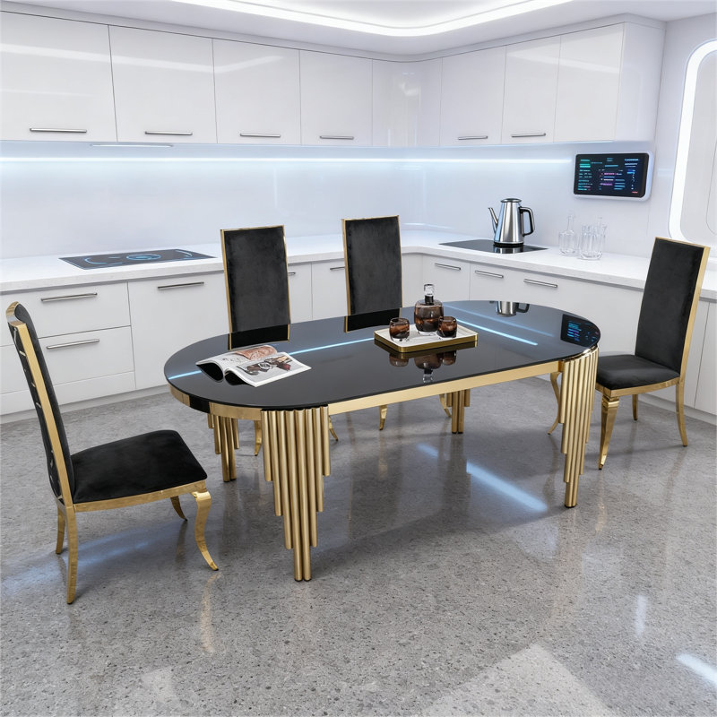 Derby rond noir pour 8 personnes, table de cuisine circulaire en verre avec pieds dorés, plateau de table ovale de luxe, plateau en verre, grande table pour la salle à manger / cuisine, assemblage solide et facile avec une grande taille