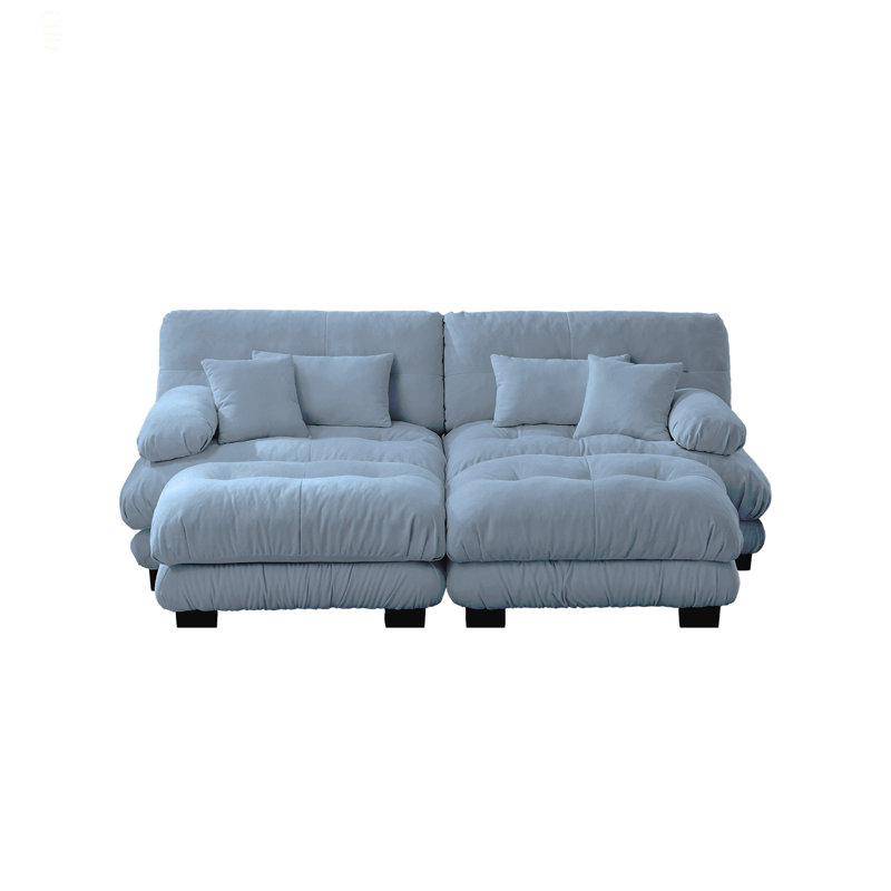 Cloud Couch Sleeper Sofa For Living Room, Chenille 2 Seater Sofa With 2 Lumbar Pillows And 2 Throw Pillows , Upholstered Wide Arm Sofa With 2 Ottomans,Chenille Blue