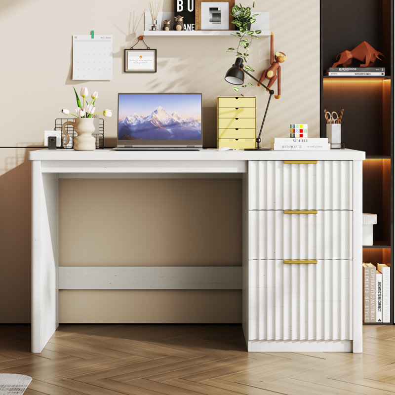 Bureau d'ordinateur 47 po avec tiroirs classeurs et tiroirs de rangement, Blanc