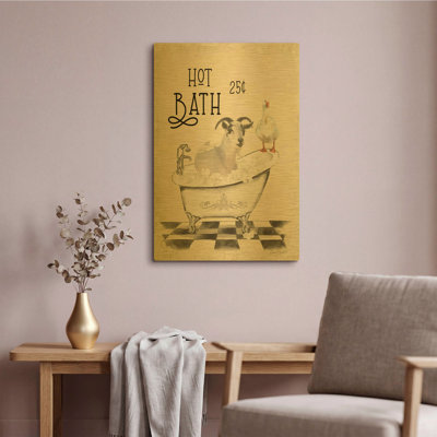 «Farm Animals Bath D» par Jean Plout, art mural en métal doré, 16 po x 24 po