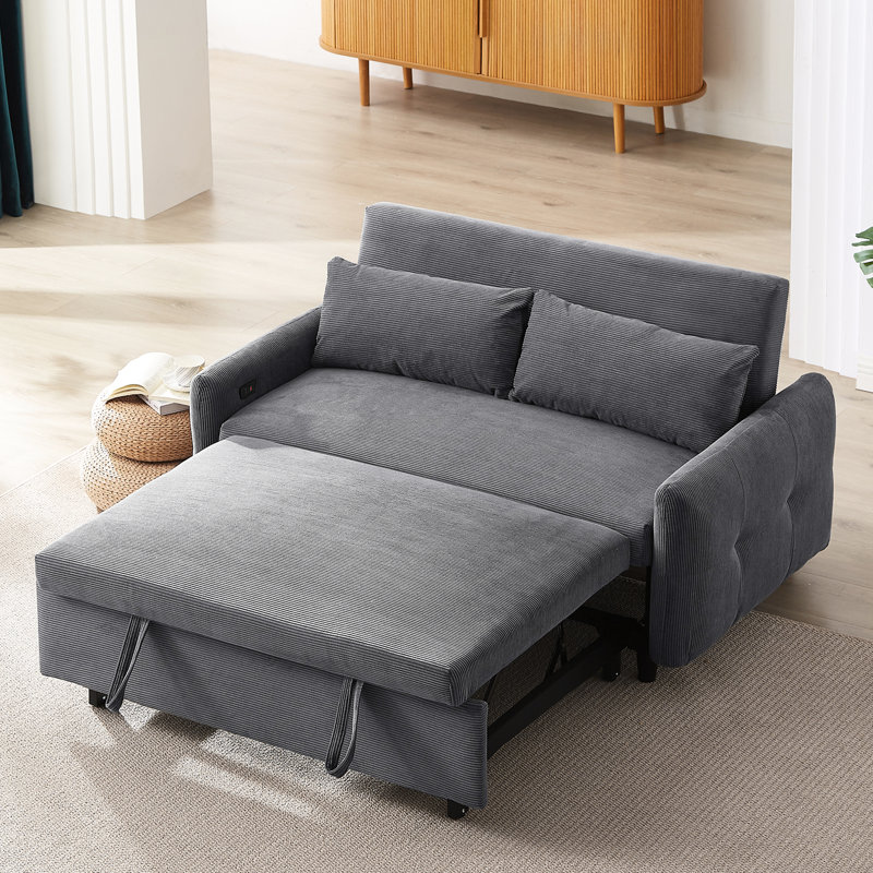 Canapé-lit coulissant convertible, causeuse à 2 places avec coussins décoratifs et ports USB, idéal pour accueillir des invités dans le salon