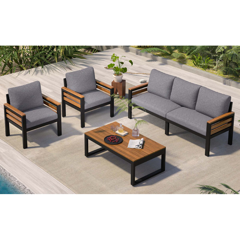 Ensemble de canapé d'extérieur 4 pièces pour 4 personnes avec coussin amovible et table basse en bois massif, Gris