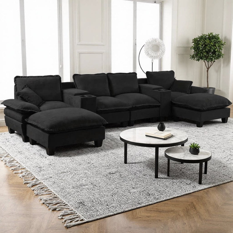 Ensemble de canapé modulaire en U en forme de nuage, canapé modulaire moderne avec 2 consoles de rangement, porte-gobelets, ports USB, 2 repose-pieds et 2 coussins, tissu en chenille doux pour grand salon