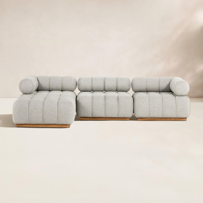 Roma Outdoor 3Pc Sectional W/ Ottoman-Hayes Cream, Faye Ash Cushion/Natural Teak Frame, Left Hand Facing