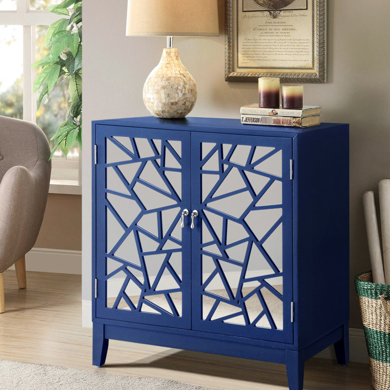 Console à 2 portes en bleu - Portes à miroir géométriques pour un intérieur élégant et spacieux en bois et miroir Chic Touch Home