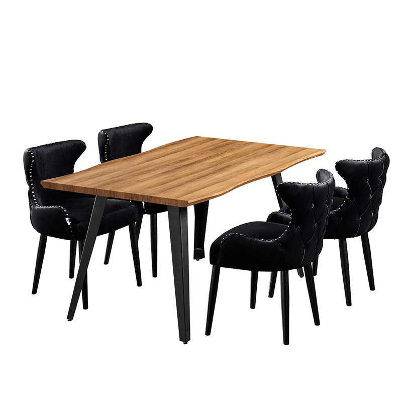 Ricky 4 Person Dining set - a Rectangular Wooden Dining Table with Metal Legs and a Set of 4 Quilted Velvet Dining Chairs for Dining Room - Modern Dining Table Set