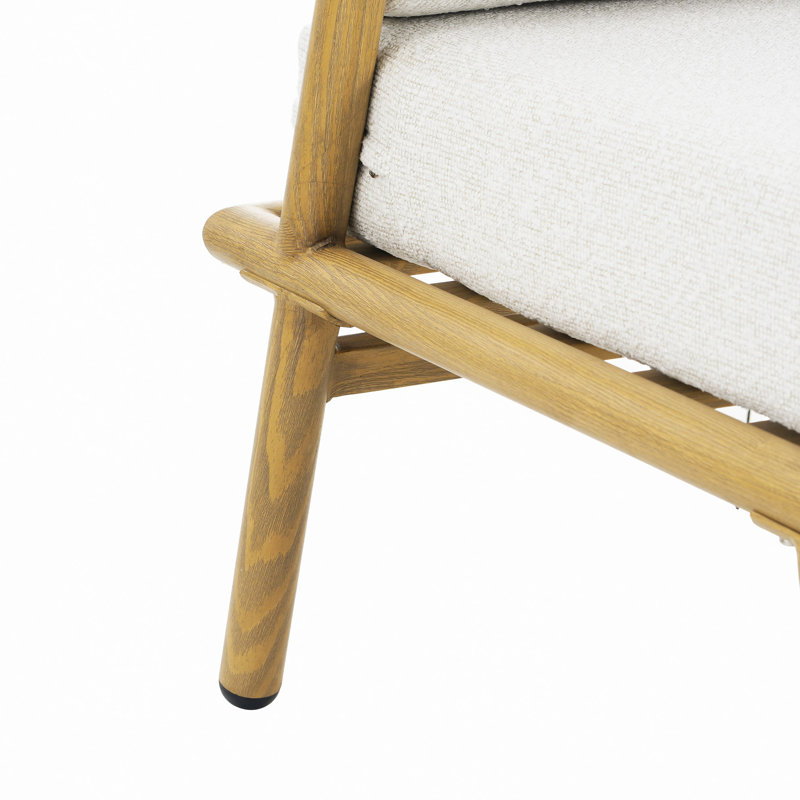 Fauteuil club d'extérieur en fer au fini teck, coussin blanc cassé, ensemble de 2