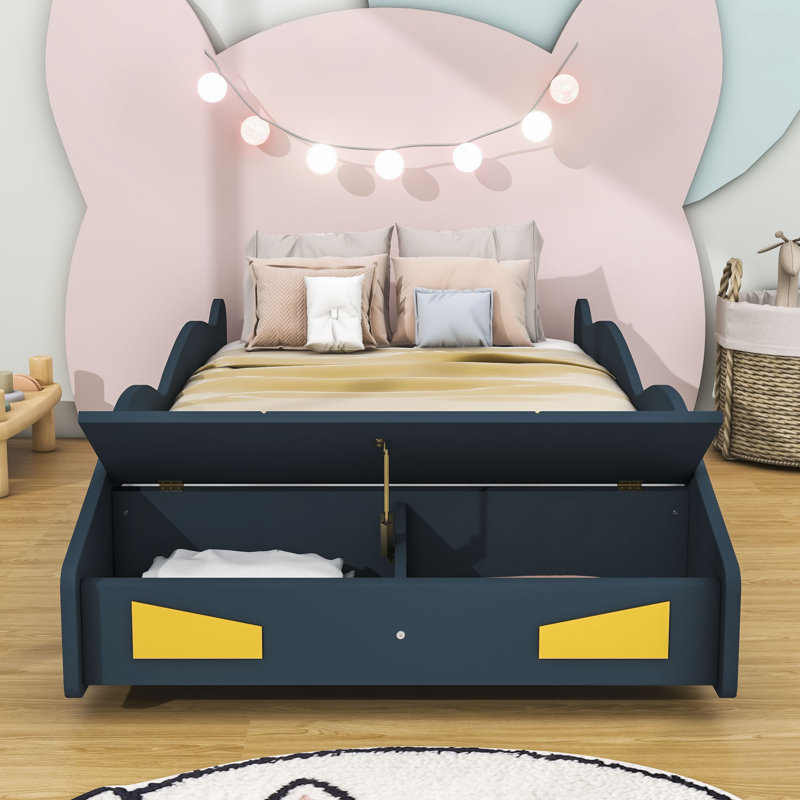 Lit plateforme simple en bois avec espace de rangement et lattes Aerabella, Bleu foncé / Jaune