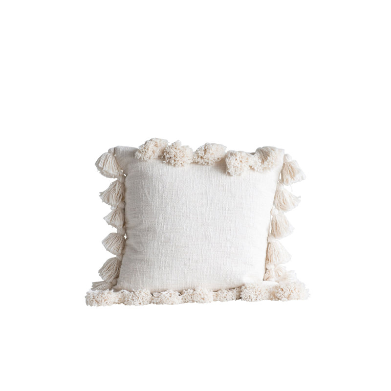Woven Cotton Slub Pillow with Tassels, Cream