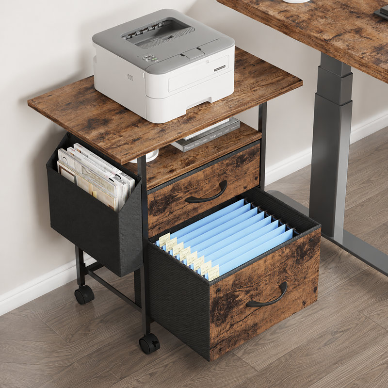 Classeur mobile à 2 tiroirs avec support pour imprimante, classeur à roulettes sur roulettes avec sac de rangement latéral, tiroirs en tissu de format lettre