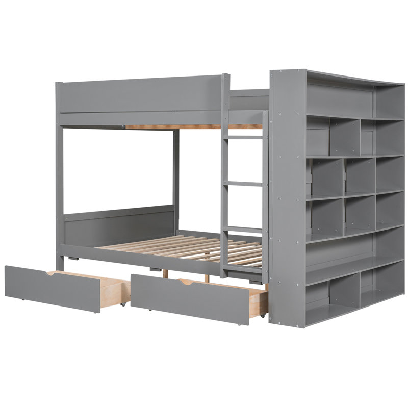 Lit double superposé double en gris - 2 tiroirs et armoire multicouche pour une chambre d'amis soignée et durable, Gris