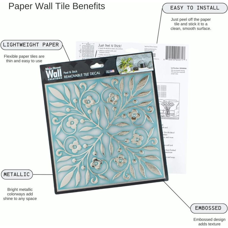 Teal and Silver Floral Metallic Peel and Stick Wallpaper Tiles