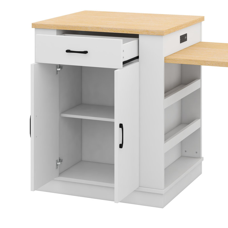 Console d'îlot extensible avec tiroirs, armoire à deux portes et tablettes ouvertes