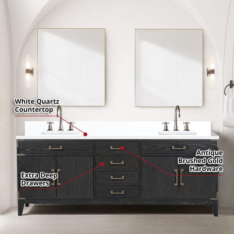 Meuble-lavabo double en chêne noir 84 po W avec comptoir en quartz blanc, robinet et 36 miroirs - robinet scellé de longue durée inclus
