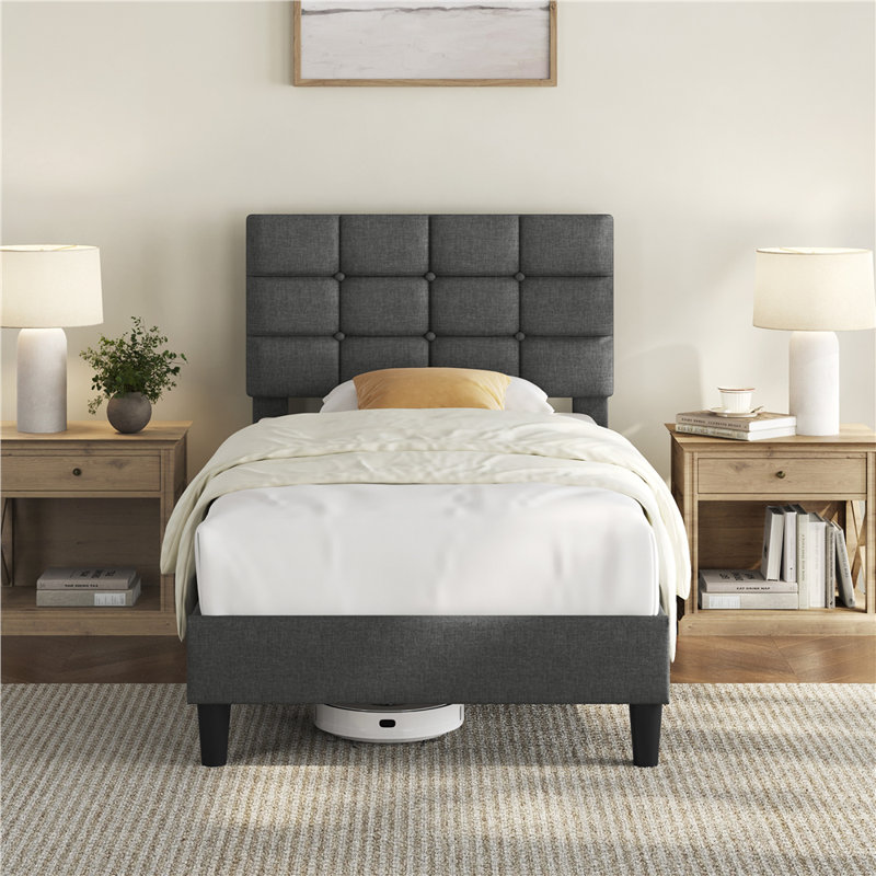 Lit plateforme tapissier Contemporary, Twin, Gris foncé