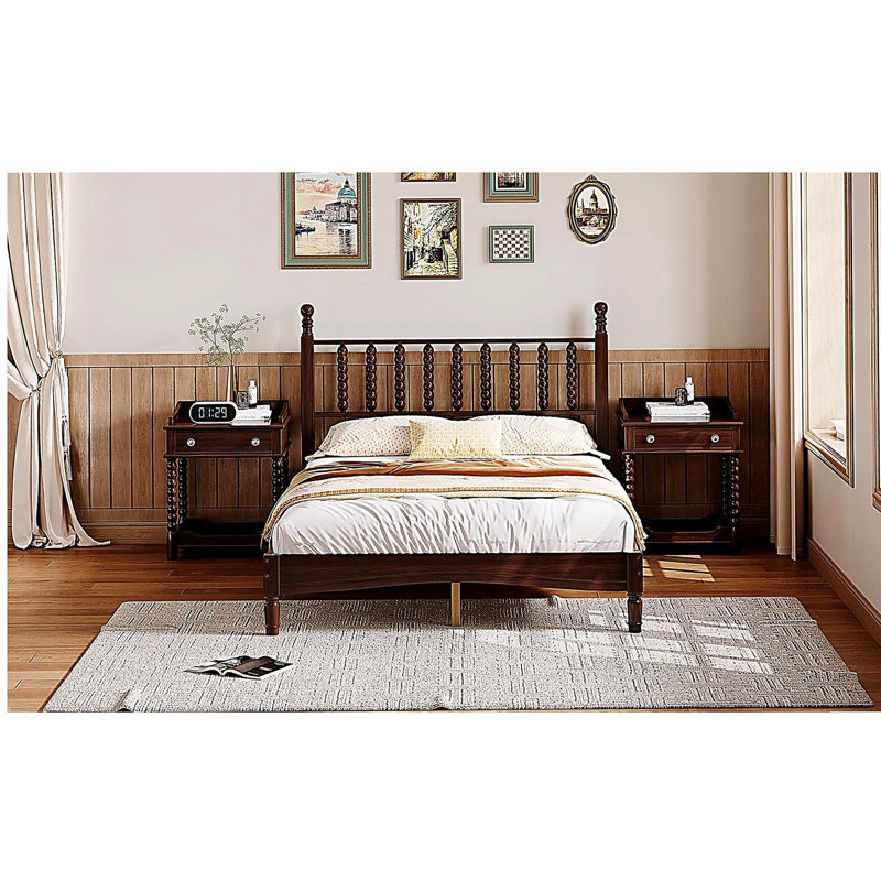 Lit plateforme double en bois avec tête de lit en forme de gourde, lit plateforme rétro avec support à lattes en bois, noyer