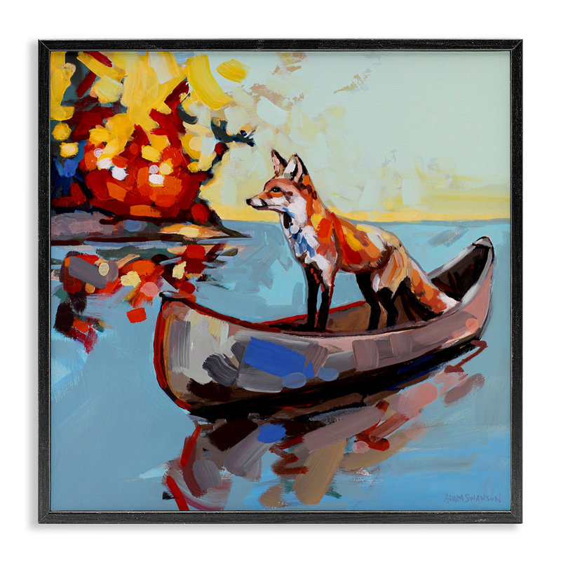 Fox's Voyage on Canoe, giclée encadrée, design par Adam Swanson, H 17 po x l 17 po, Giclée encadrée noir minuit