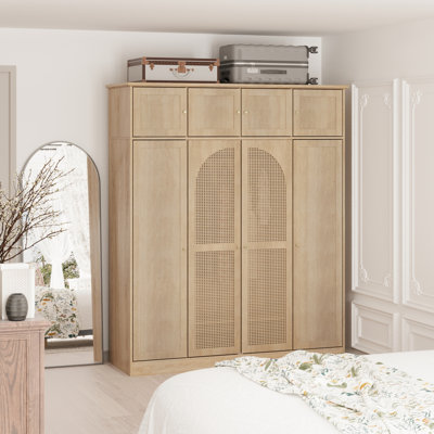 Armoire-penderie de 70,87 po de hauteur avec 8 portes et grande capacité avec tringle, tablettes réglables et portes décoratives en rotin, armoire de rangement pour vêtements pour chambre à coucher, penderie, salon, naturel