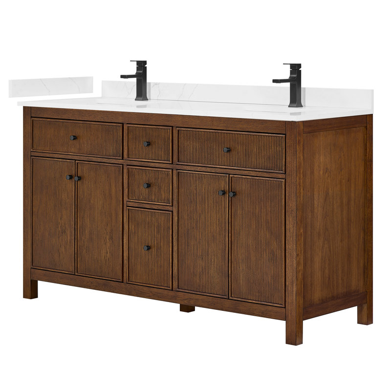 Elan TK 66" Freestanding Double Bathroom Vanity with Cultured Marble Top, White Cultured Marble, Dark Walnut, Brushed Gold