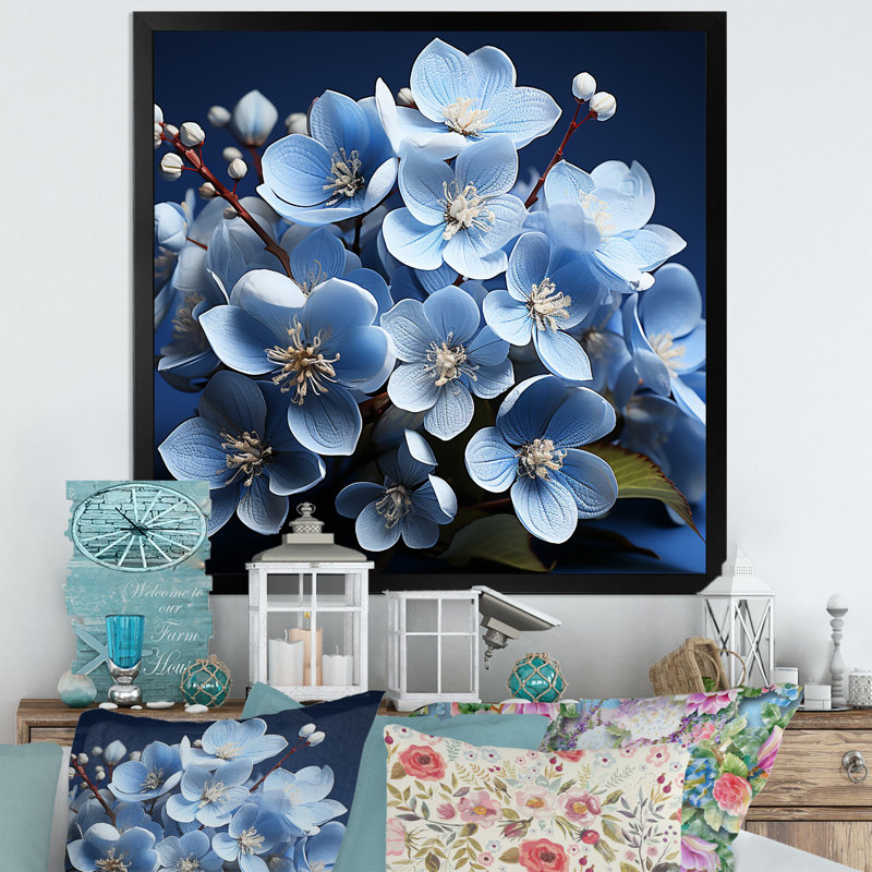 Harmonie des hortensias noirs et bleus sur toile, H 24 po x l 24 po x P 1 po, Cadre simple noir