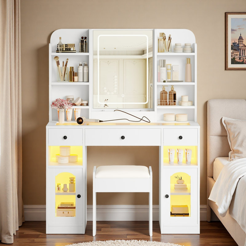 Bureau de coiffeuse avec miroir à DEL, plateau en verre, 3 tiroirs, tablettes de rangement et tabouret, Blanc
