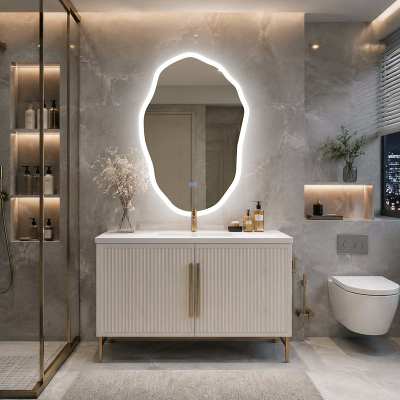 Irregular Shape Frameless Lighted;Bathroom/Vanity Mirror;Backlit + Front Lit,Dimmable Anti Fog Wall Mounted Mirror