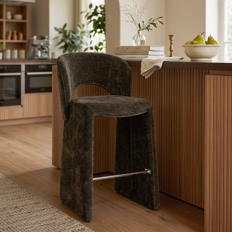 Tabouret de comptoir moderne 26,5 po entièrement revêtu de chenille, Brun