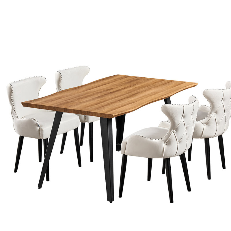 Ricky 4 Person Dining set - a Rectangular Wooden Dining Table with Metal Legs and a Set of 4 Quilted Velvet Dining Chairs for Dining Room - Modern Dining Table Set