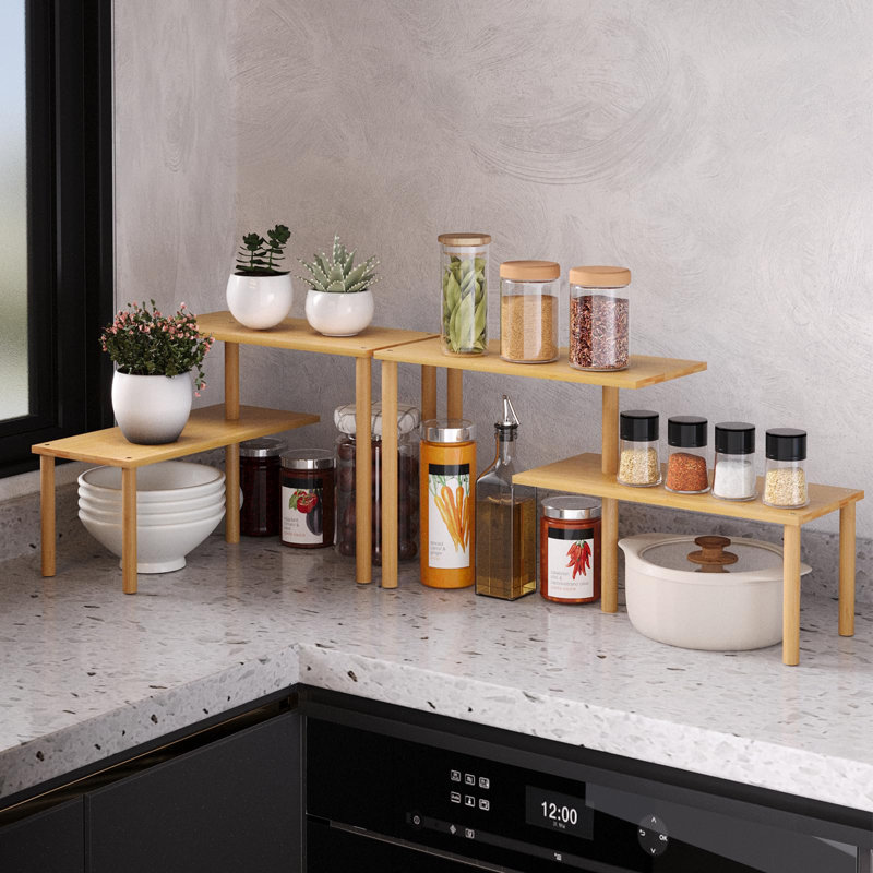 2 Tier Bamboo Corner Shelf, Cabinet Organizer Shelves For Countertop, Adjustable And Moveable Spice Rack For Kitchen,Bathroom,Coffee Area