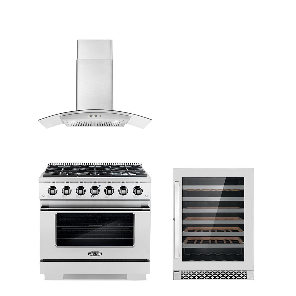 Cosmo 3 Piece Kitchen Appliance Package with 36'' Gas Freestanding Range , Wall Mount Range Hood , and Wine Refrigerator Cosmo 