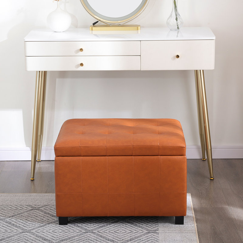 24" Faux Leather Storage Ottoman Bench With Tufted Top, Orange