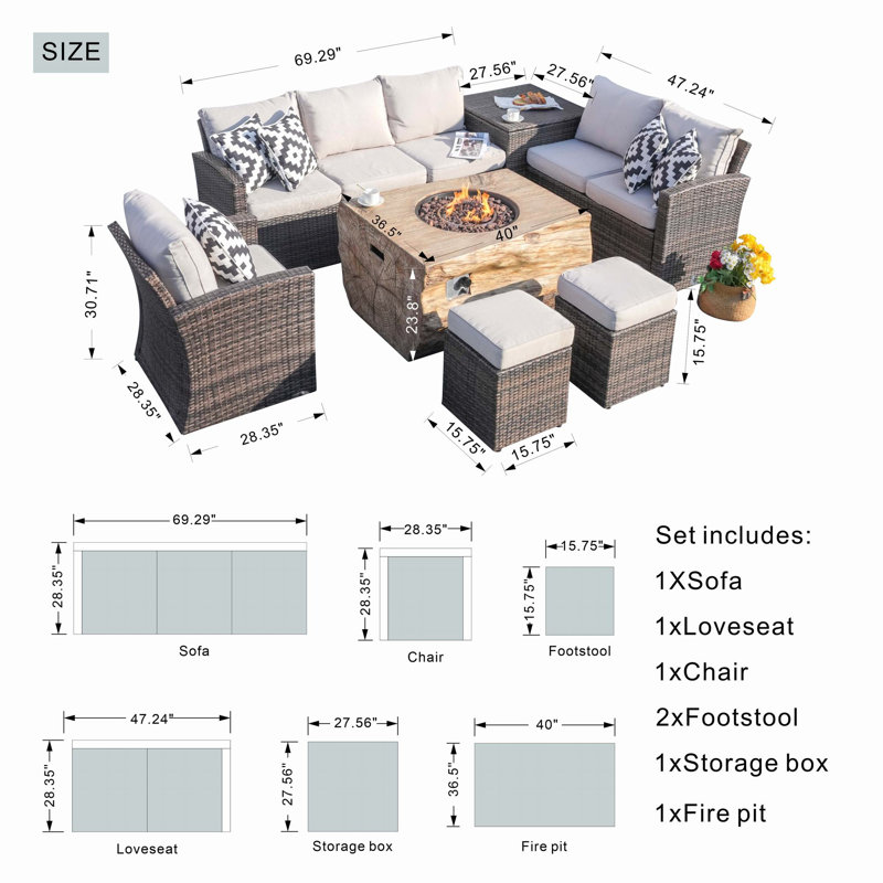 Small Firepit With 1403B Wicker 8 - Person Patio Conversation Set with Cushions