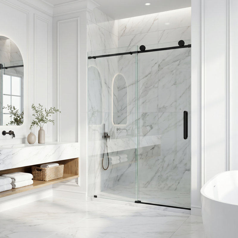 Porte de douche coulissante sans cadre avec verre transparent 3/8 po l 56-60 po x H 76 po Elan, Noir mat