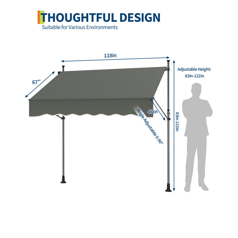 Retractable Awning for Patio, Manual Awnings, Sunshade Shelter Crank Handle, UV & Water-Resistant Polyester Cover and Aluminum Frame for Garden, Window or Door, Easy Install