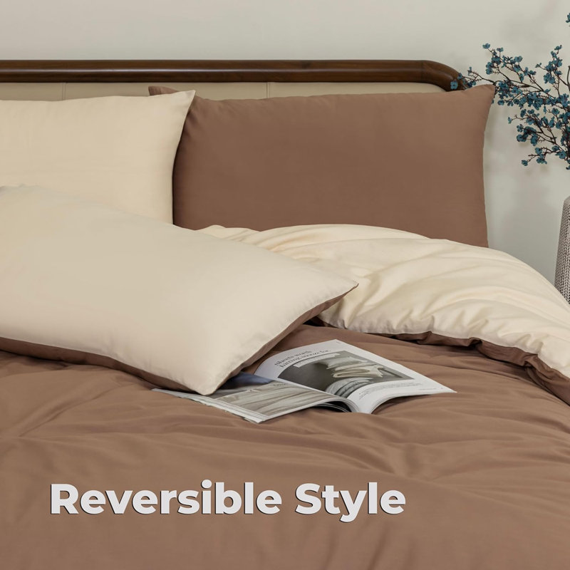 Reversible 100% Cotton Duvet Cover Set, Luxury Cotton Duvet Cover with Pillowcases, Soft & Breathable, Double, Brown