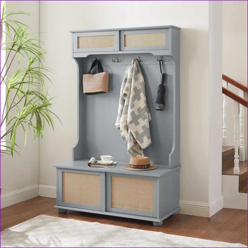 Arbre d'entrée avec banc, portemanteau et amp; Rangement réglable pour chaussures | Porte en rotin gris | Pieds en peuplier massif | Gris | Panneau de fibres à densité moyenne