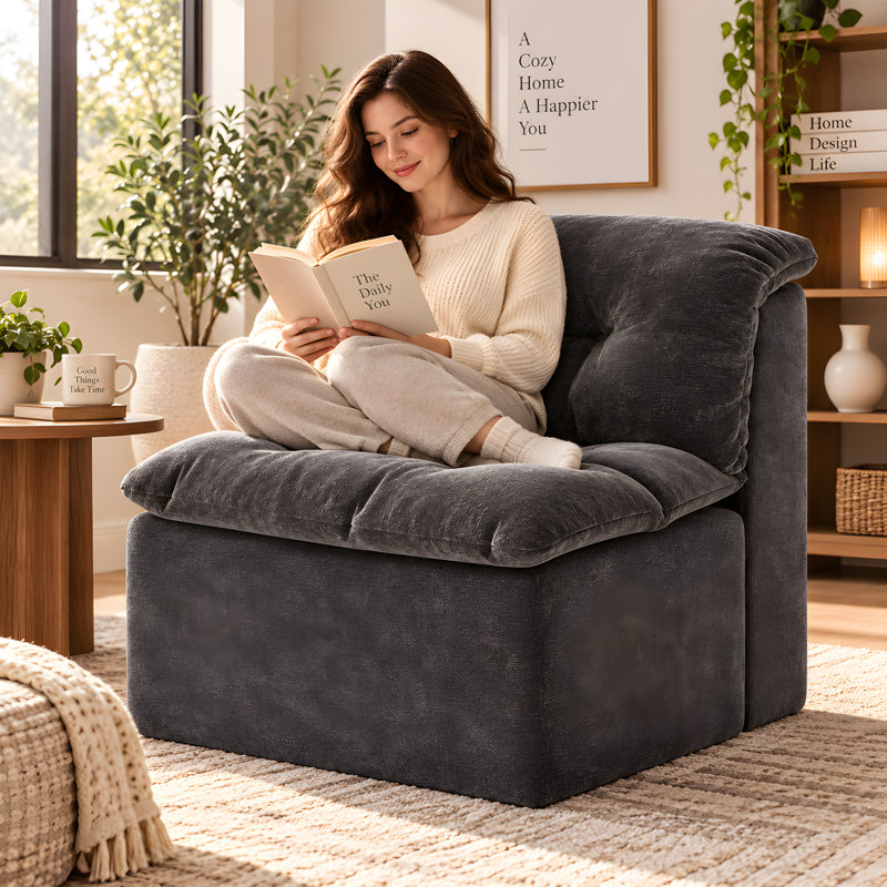 Pouf moderne en chenille beige de 81 cm, Grey Chenille