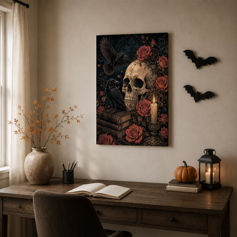 «Black Crows and Skull with Red Roses», art mural sur toile, H 30 po x l 20 po