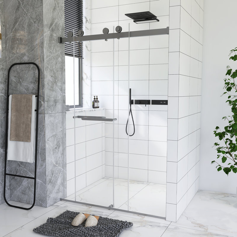 Frameless Double Sliding Shower Door 44-48 "W X 74" H, 5/16 "(8Mm) Tempered Glass, Explosion Proof Film, Stainless Steel Handle, Square Tube Track, Brushed Nickel