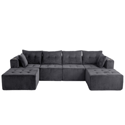 Boneless 129.5" Corduroy Bean Bag Sofa Boneless Cloud Sofa Modular U Sectional Sofa