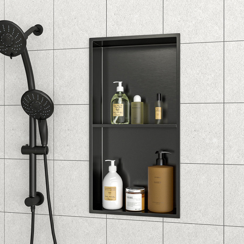 13" X 25" Stainless Steel Shower Niche Double Shelf, Satin Black