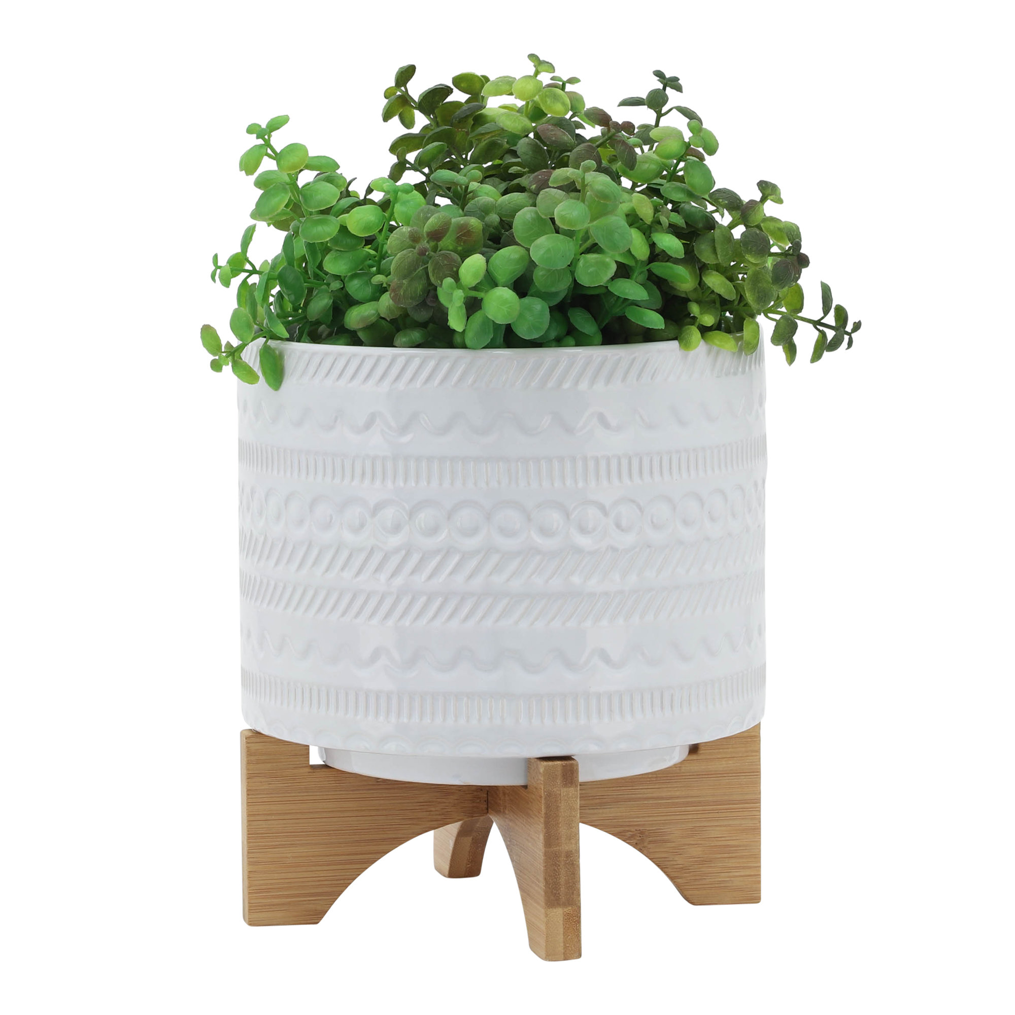 Ceramic Planter on Bamboo Wood Stand - Ivory/Beige Plant Stand with Contemporary Tribal Design - Indoor or Outdoor Plants and Succulents Dakota Fields