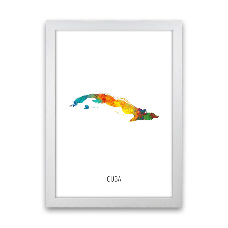 Cuba Watercolour Map by Michael Tompsett - Print, White Framed, 63cm H x 46cm W x 3cm D