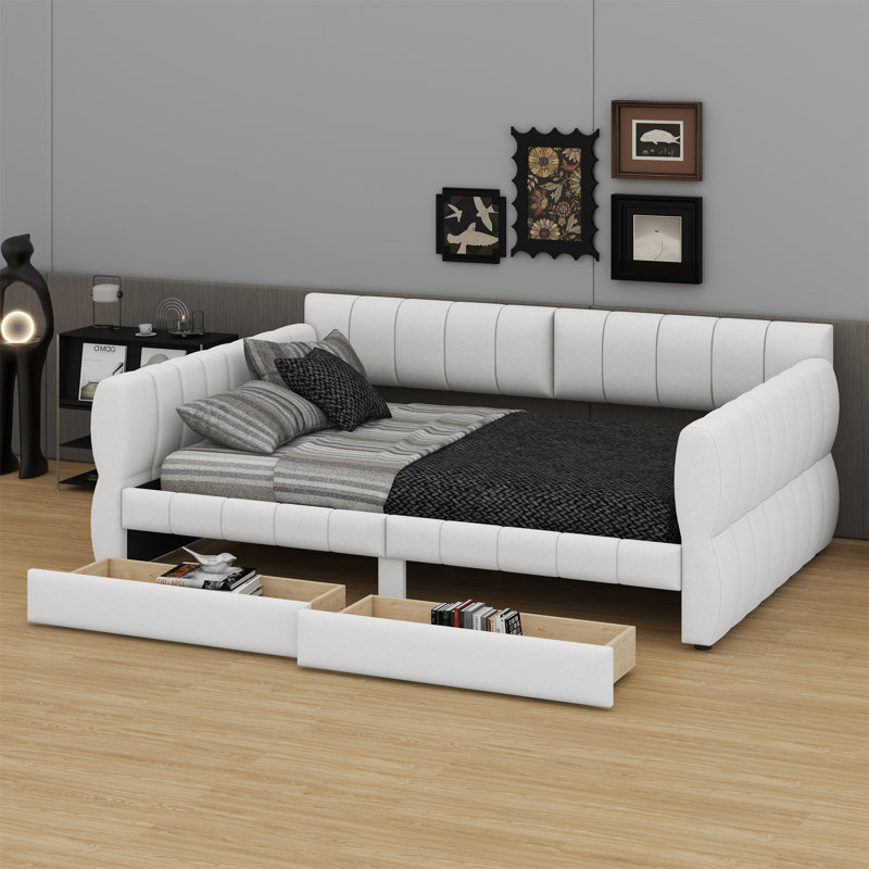 Lit plateforme tapissier avec port USB et 2 tiroirs, Blanc