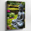 Toile, statue de Bouddha sereine posée dans une pose méditative sur un mur, galets noirs lisses entourés de mousse verte vibrante et art mural sur toile colorée-1231582637