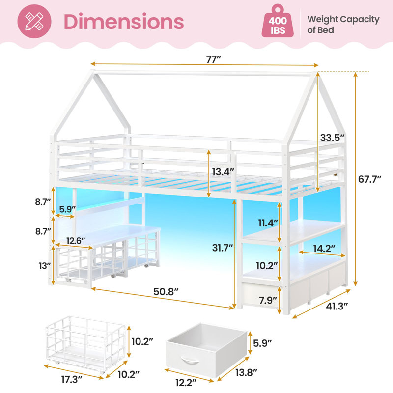Low Loft Bed Twin Size With 5 Storage Drawers & Bookcase,Twin Loft Bed With Led Lights, Open Storage Shelves, Metal Loft Bed With 13.4In Guardrail,Under-Bed Play Space,House Shape