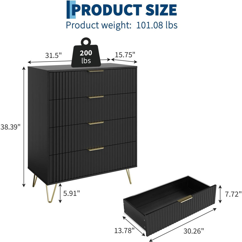 4-Drawer Fluted Wooden Dresser with Metal Handles, 32" Wide Bedroom Chest, Modern Storage Cabinet for Bedroom or Living Room