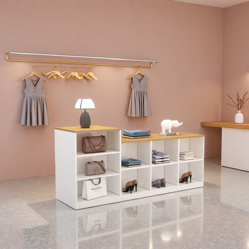 Grande table de présentation de magasin de vêtements, Naturel / Blanc