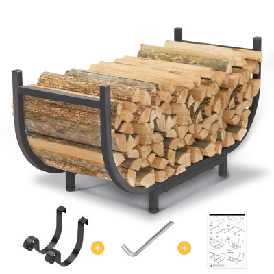 Curved Firewood Rack Outdoor Indoor, Black 30 Inch Rustproof Fire Wood Storage Organizer, Metal Fireplace Log Holder With Removable Kindling Hooks