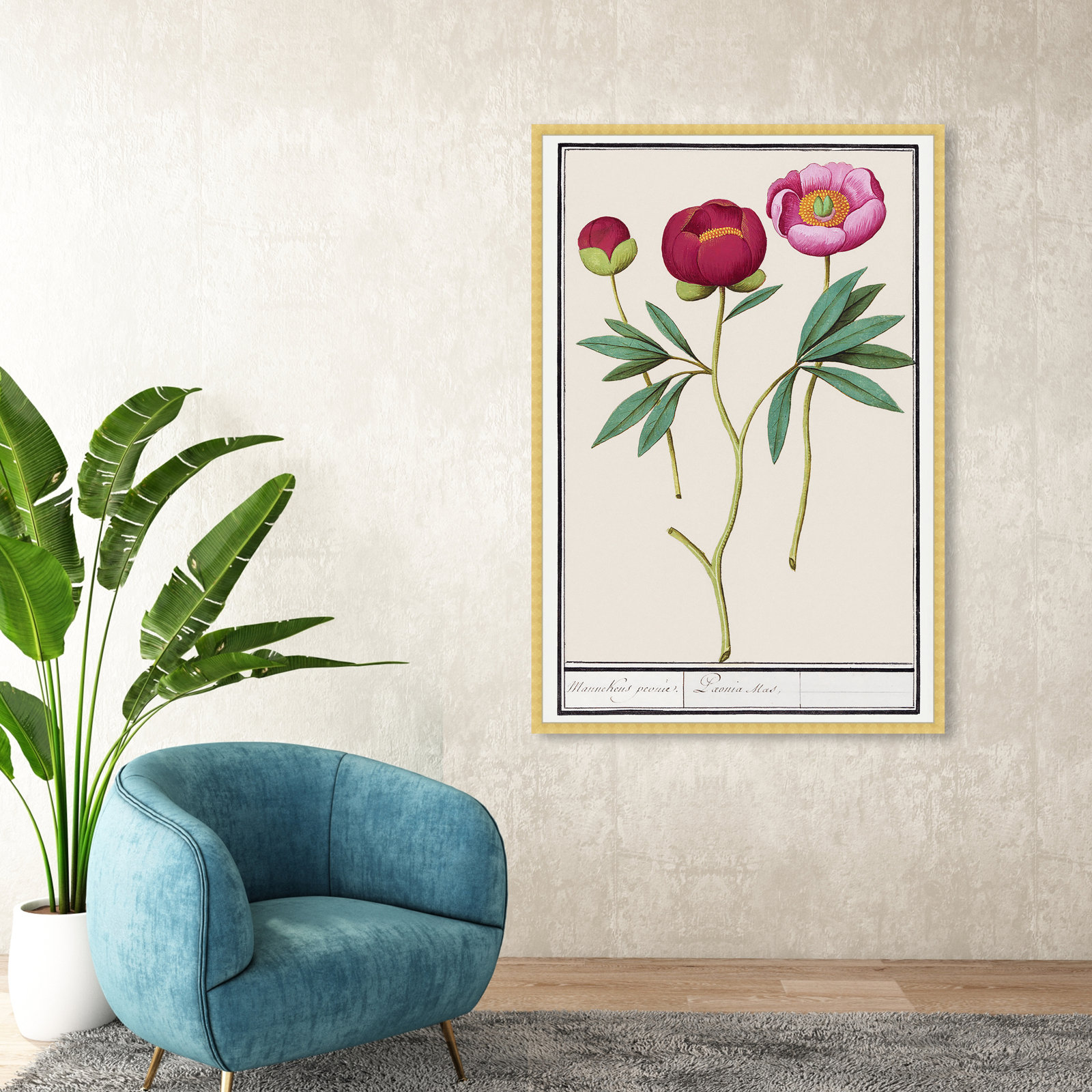 Red and Pink Peony Botanical Study Print, 56" H x 38" W, Gold